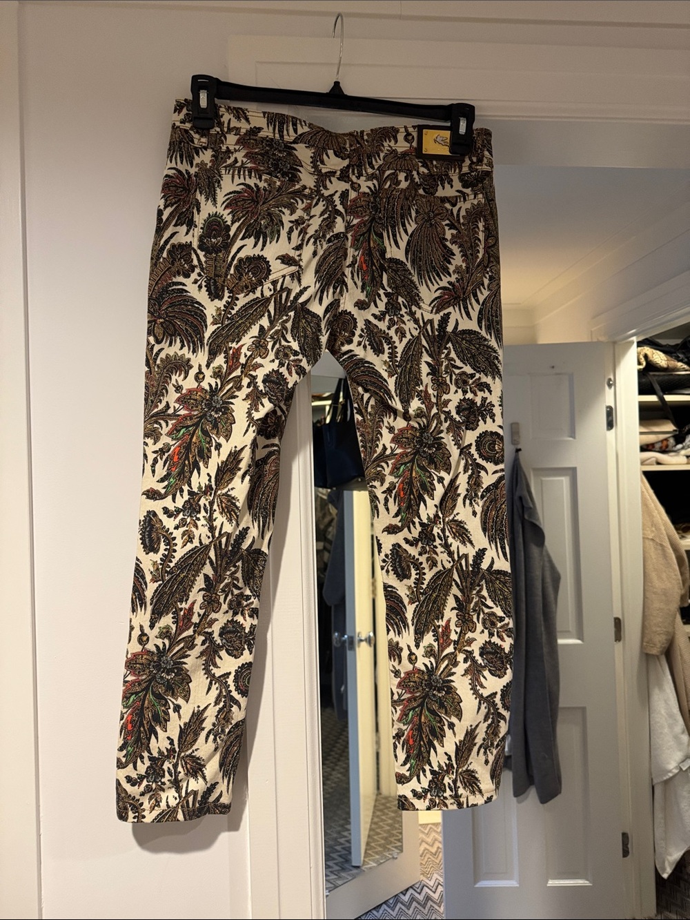 Etro Cream Paisley Print Canvas Pants with Brown & Green Accents